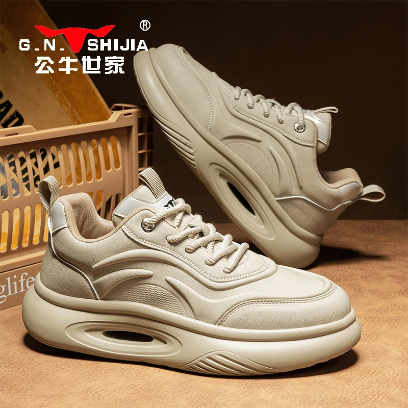 公牛世家春季新款中帮百搭男士工装鞋复古舒适厚底增高休闲板鞋