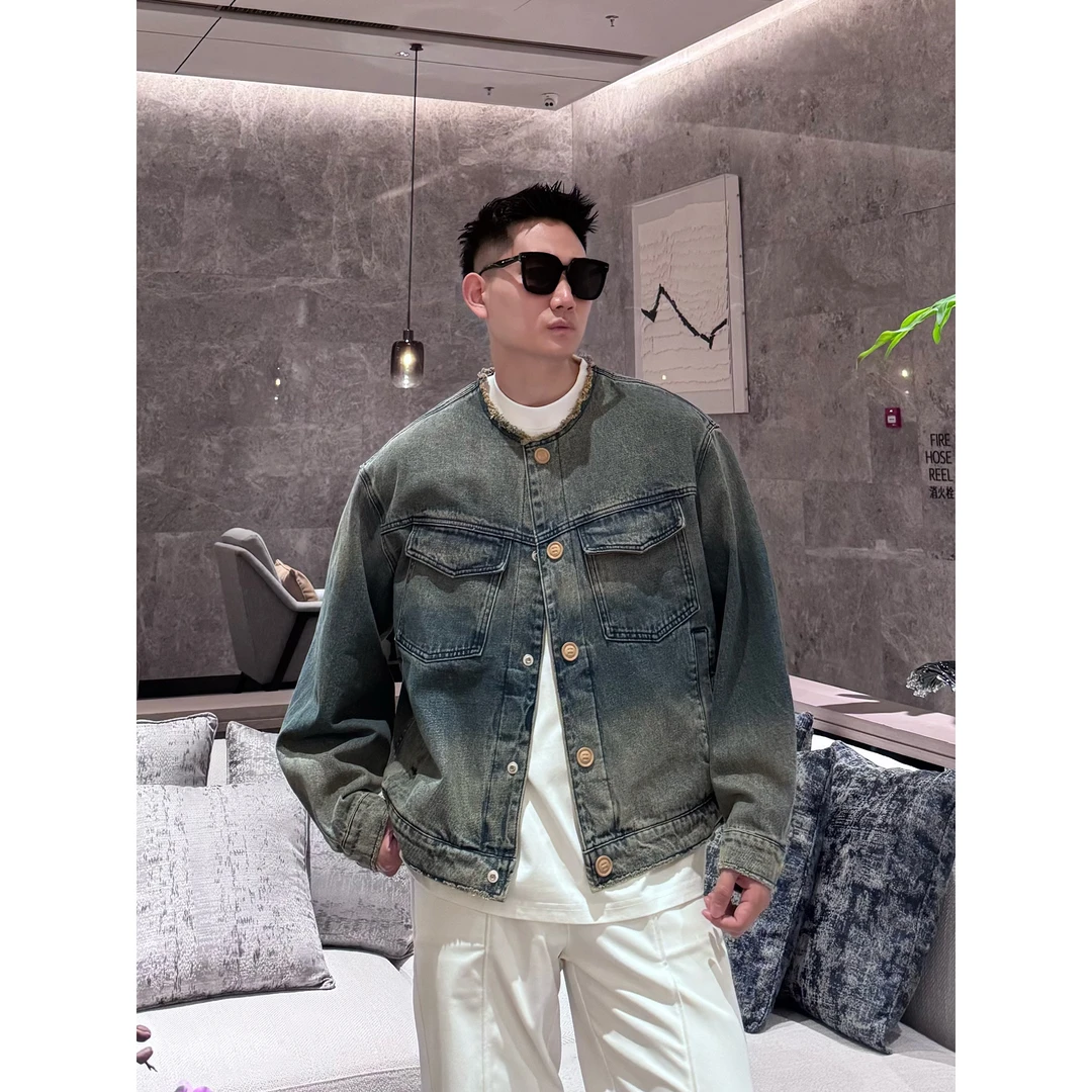 25SS春款 无领小香风男士牛仔外套时髦高级水洗夹克宽松复古百搭