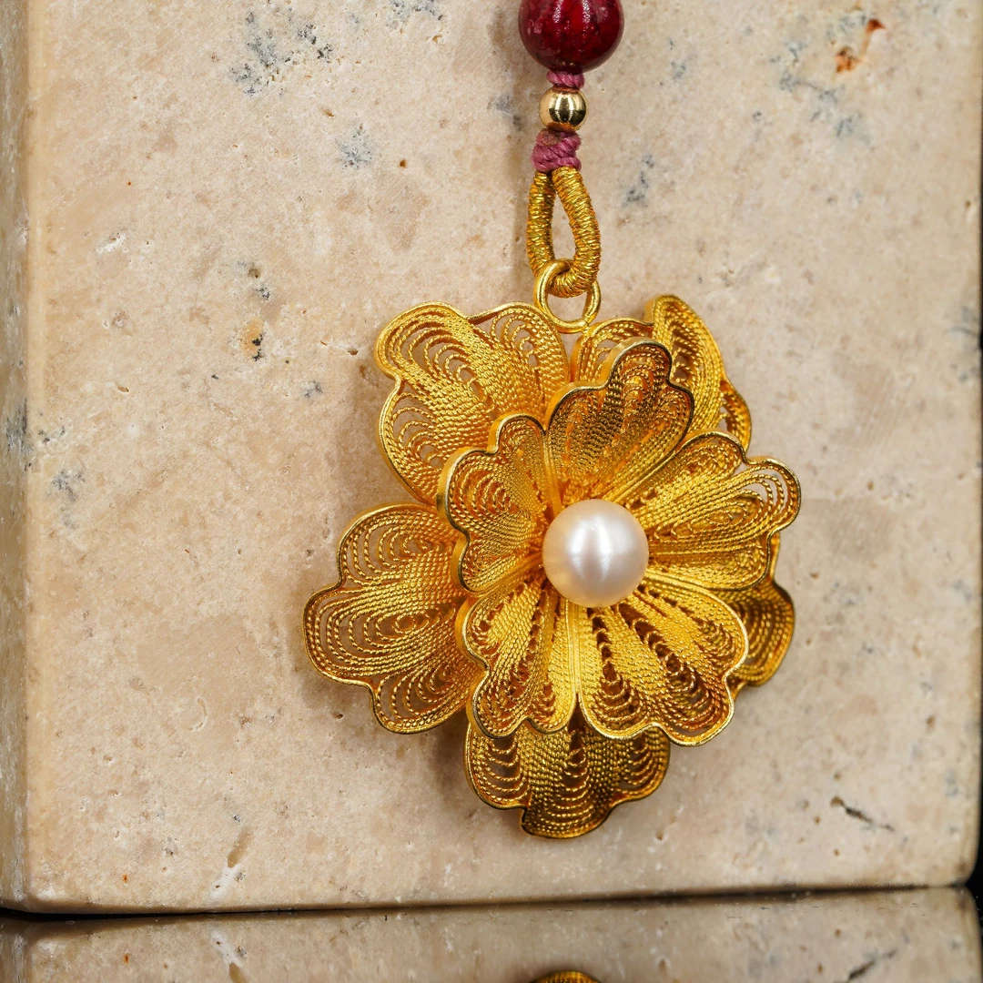 吊坠925银仿珍珠 纯手工【花丝镶嵌珍珠吊坠】时尚大气复古精美百搭