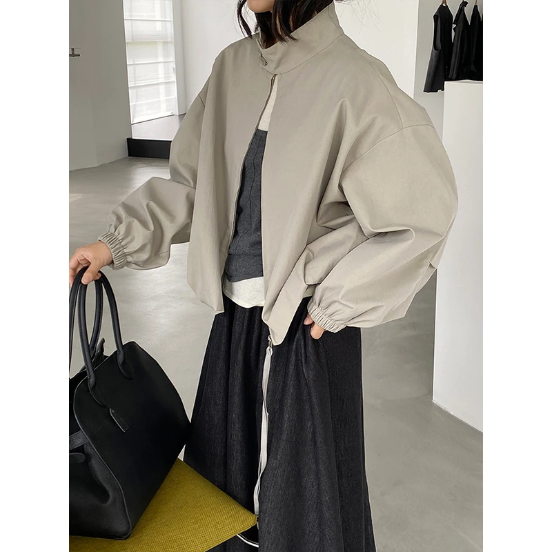 韩系工装风立领花苞摆休闲短风衣外套女秋宽松显瘦夹克