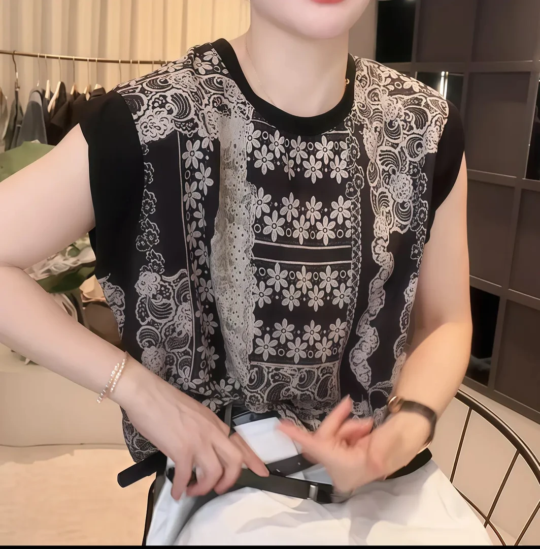 2025设计感圆领上衣女士气质显瘦宽松洋气时尚无袖拼接套头