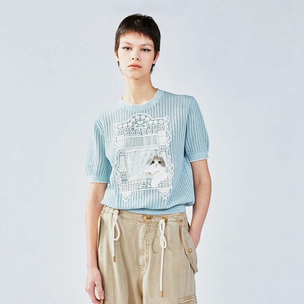 UOOYAA/乌丫2025夏季新款「我爱我家」我家的猫贴布刺绣毛衫T恤4170