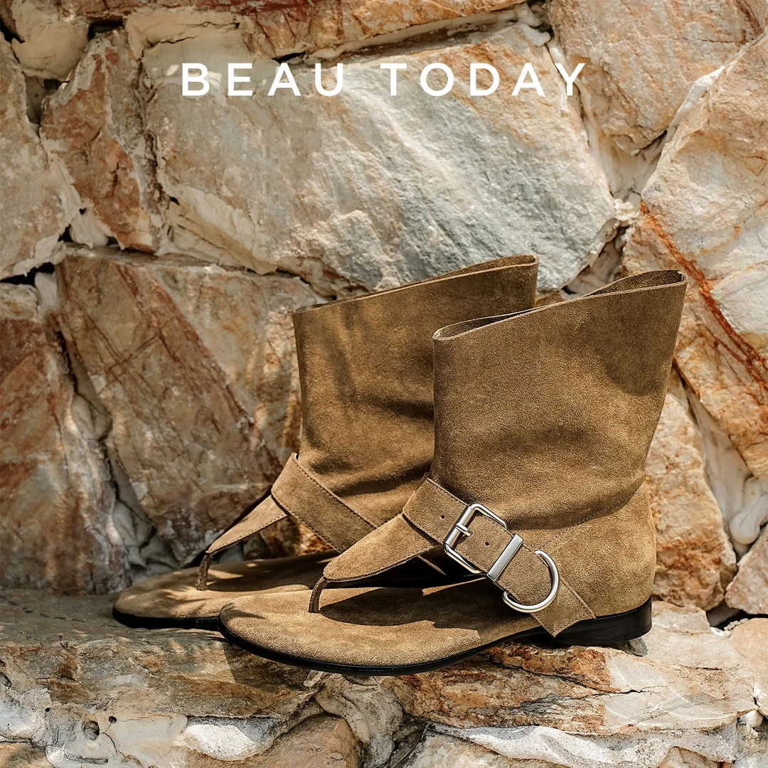 BeauToday【高丝光牛绒】平底罗马凉鞋2025款夏季真皮夹趾套筒凉靴