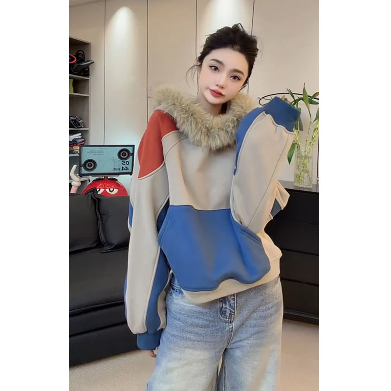 欧货2025冬季新款多配色毛毛领长袖女厚款冬季卫衣拼接休闲撞色潮