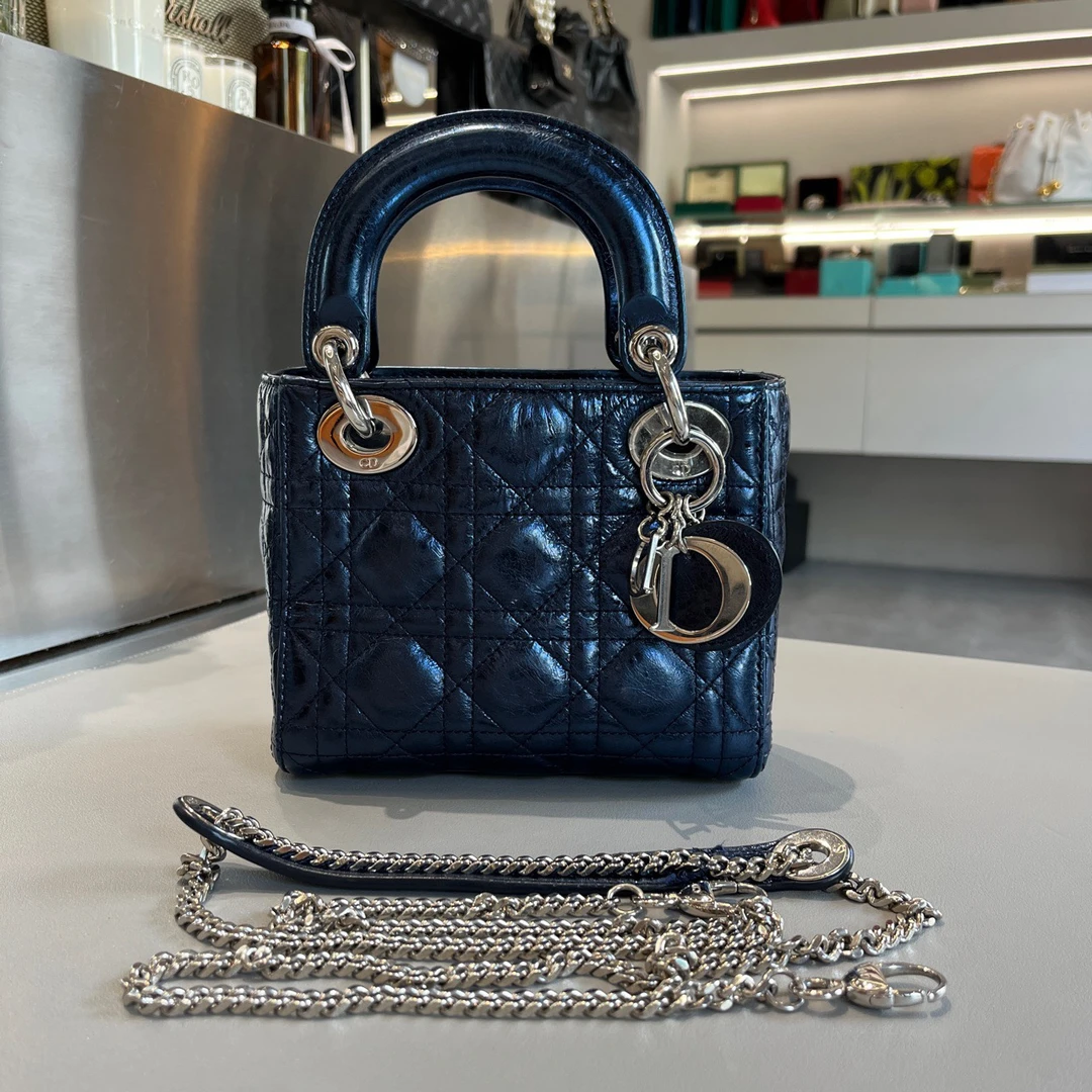 99新 DIOR/迪奥 Dior/迪奥 珠光蓝 三格戴妃包 油蜡皮 限量款 