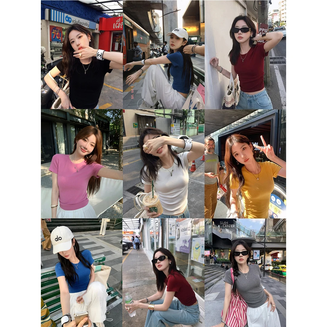 超弹力设计感休闲百搭收腰短袖T恤女修身显瘦圆领纯色上衣夏季