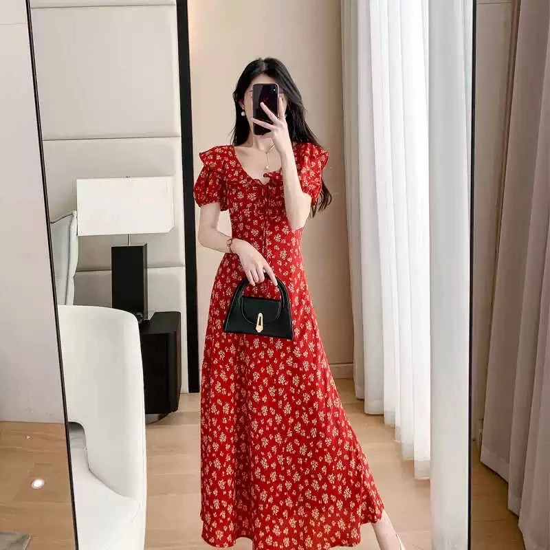 2025夏韩系温柔蝴蝶结系带长裙泡泡袖收腰显瘦气质大摆碎花连衣裙