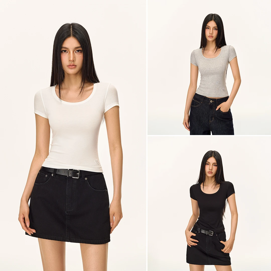 CLIMAX VISION亲肤裸感高弹塑形修身显瘦大U领正肩短袖T恤女款