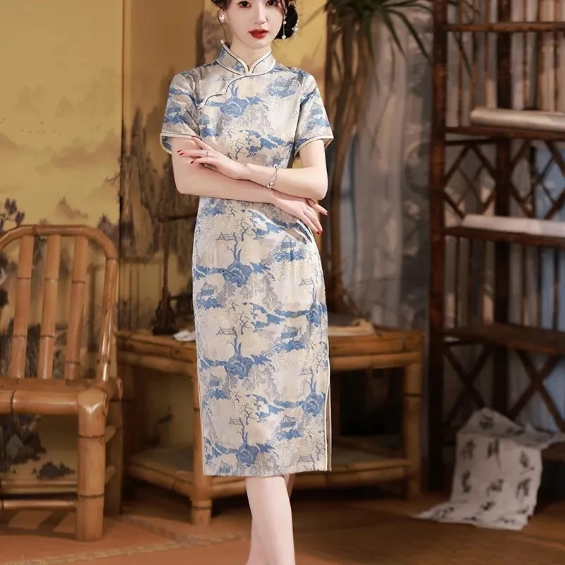 日常提花薄款长旗袍立领旗袍少女修身复古极简风（爱心扣）