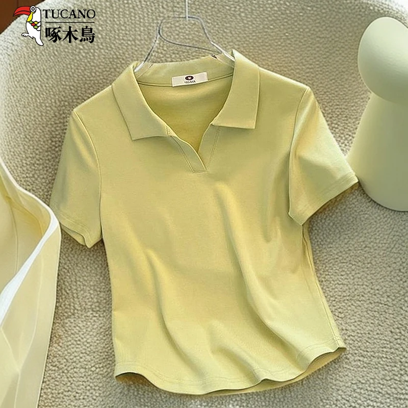 啄木鸟女装纯色翻领短袖女t恤显瘦遮肚子小个子上衣女宽松显瘦