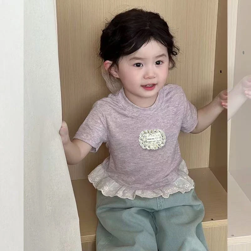 女童短袖T恤2025夏季新款韩版洋气蕾丝花边儿童森系女宝宝ins上衣