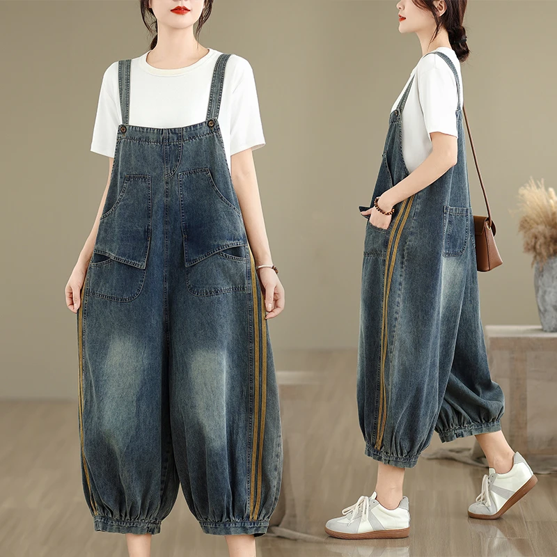 实拍现货2025夏季新款宽松减龄条纹拼接背带裤