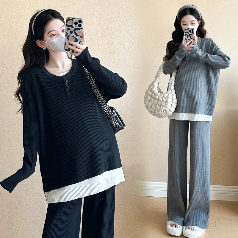2025春秋季新款潮流外穿假两件拼接针织慵懒气质时尚宽松孕妇套装