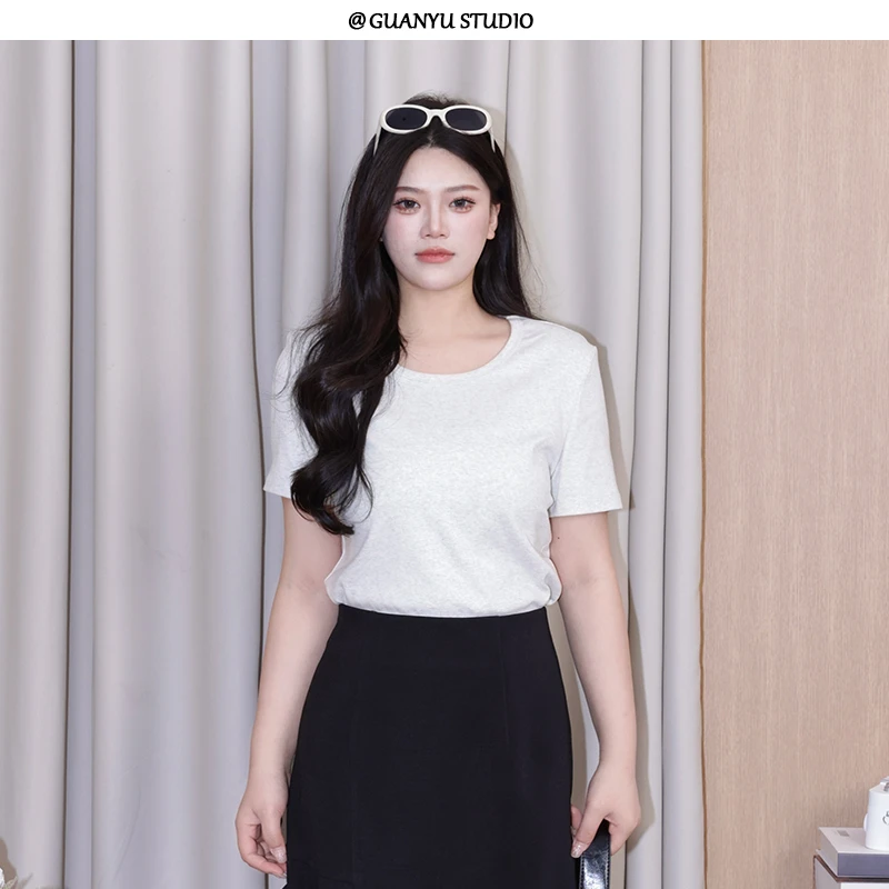 【纯色T】蛋妹大码女装胖mm夏季显瘦藏肉百搭短款T恤上衣DM26278