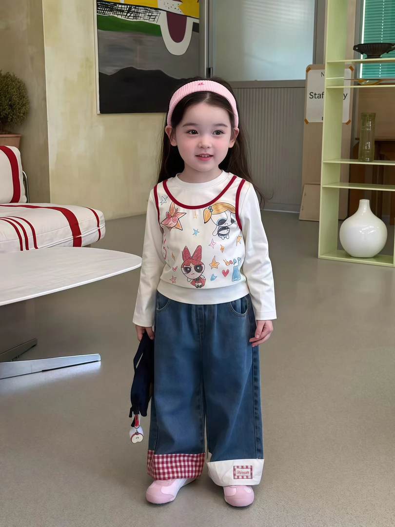 2025秋款女童上衣女孩飞天小女警假两件T恤儿童卡通童装长袖上衣