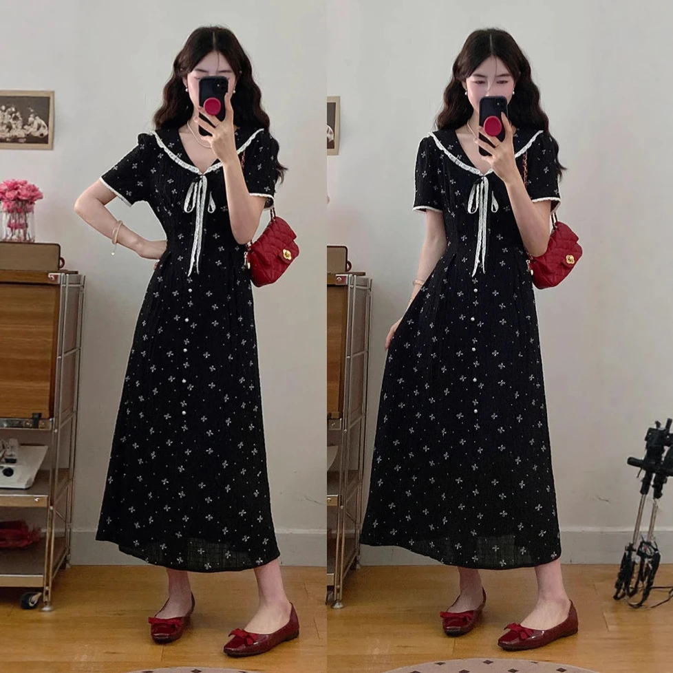 大码女装Miu系甜美少女感夏季慵懒蕾丝收腰显瘦连衣裙