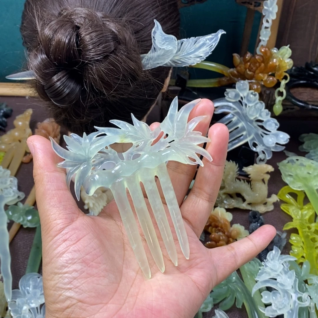 微***甜未镶嵌蛇纹石玉发饰