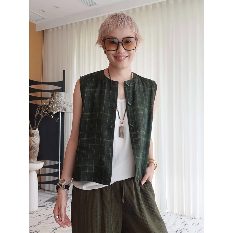 【森系美学密码】LIY复古绿格绞罗背心