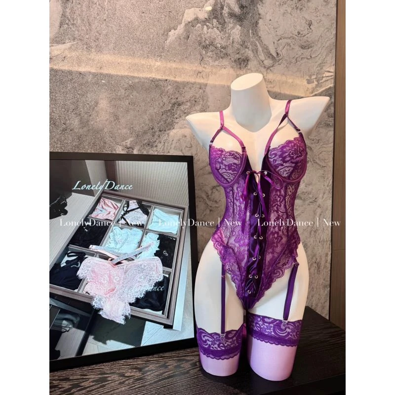 密恋【妲己】法式性感蕾丝显瘦连体交叉绑带文胸束腰套装女