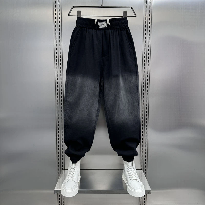 大码2-300斤薄款牛仔裤九分裤男士宽松束脚渐变色痞帅哈伦裤早秋