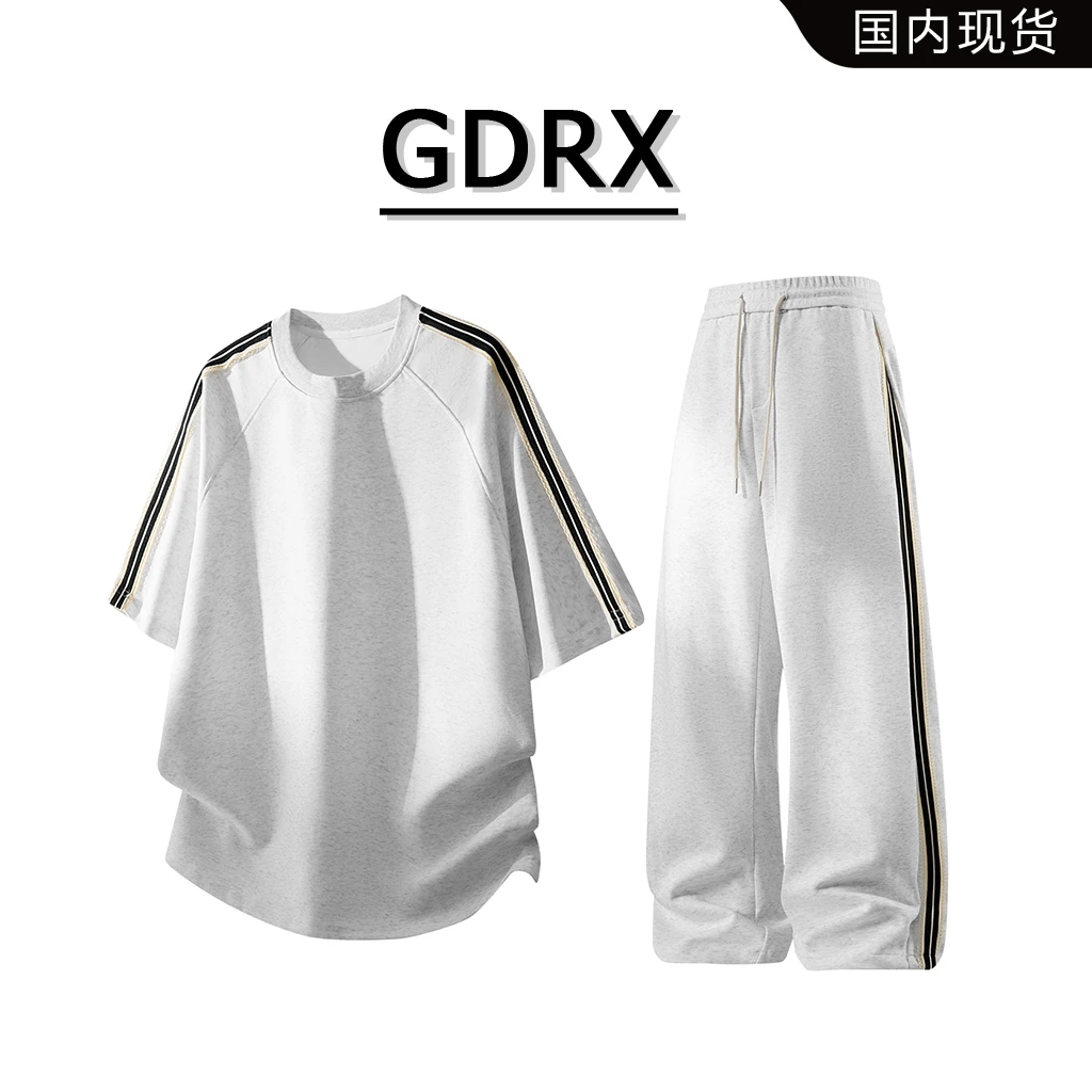 GDRX美式条纹休闲男款短袖套装2025夏季薄款宽松时尚运动服两件套