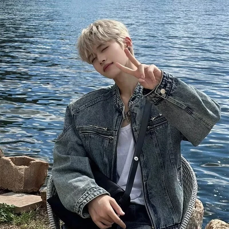 美式复古做旧水洗垫肩短款拼接牛仔外套潮牌金属设计感无领夹克男