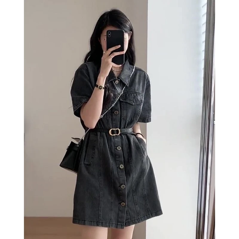 法式复古polo短袖2025工装牛仔连衣裙女夏季a字裙子直筒衬衫短裙