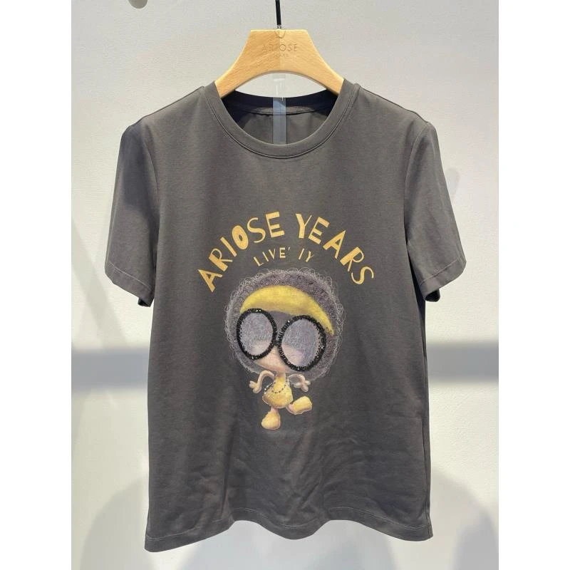 艾家卡通少女风灰色简约T恤宽松修身3D中长款短袖圆领印花6510