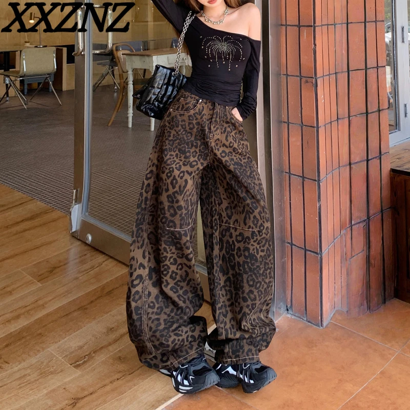 美式复古小众镰刀牛仔裤女秋冬新款宽松阔腿裤百搭豹纹弯刀裤