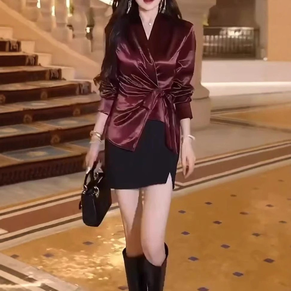 241170大爱美依缘2025新款轻熟风法式绑带修身上衣高腰半身裙显瘦