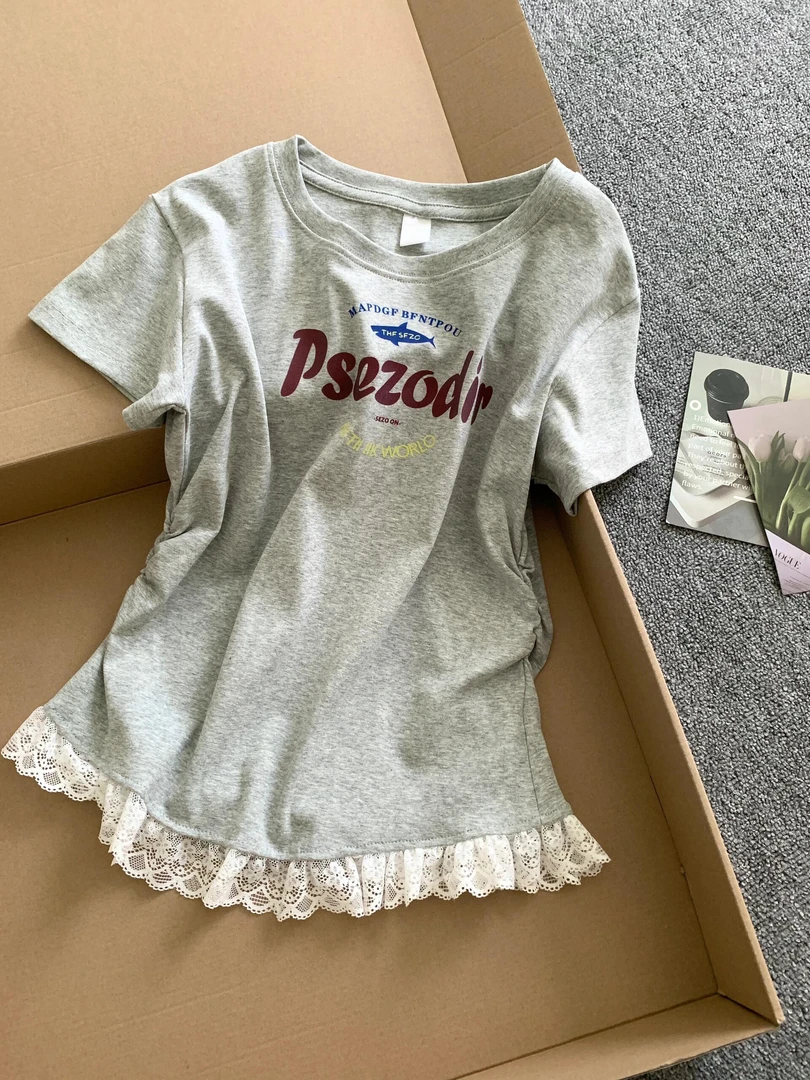 韩系温柔下摆蕾丝拼接字母印花短袖T恤2025夏季少女学院风上衣