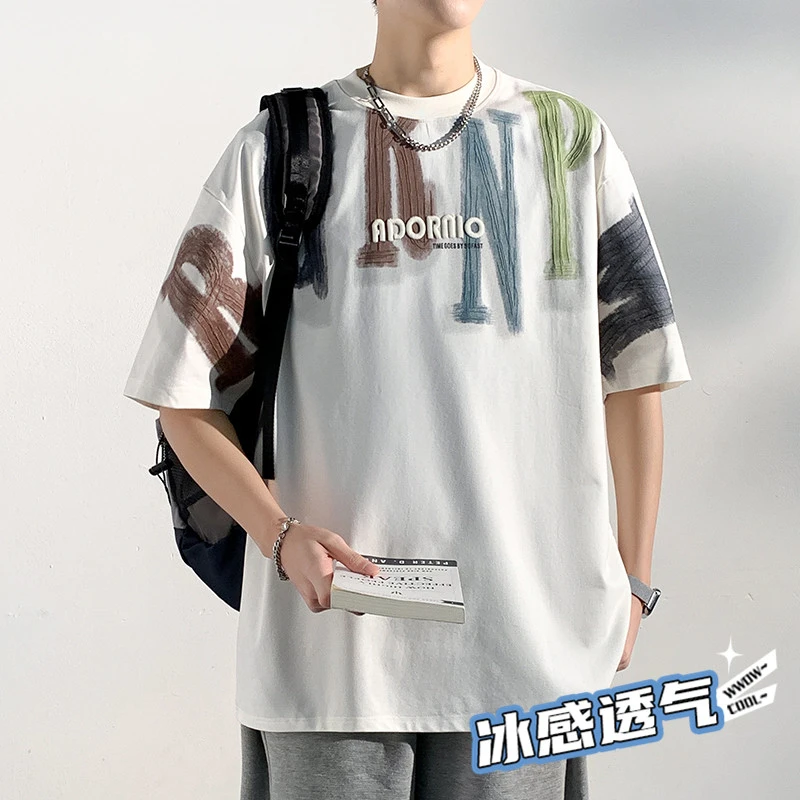 玛斯柏美式冰感短袖t恤男士夏季2025新款潮流字母印花帅气上衣男