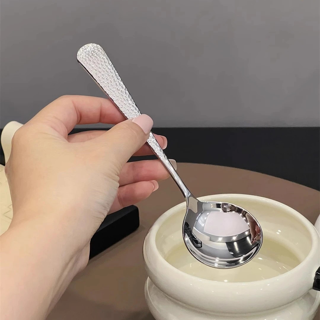 304不锈钢勺子小圆勺家用意式精致锤纹调羹汤勺高颜值吃饭喝汤勺