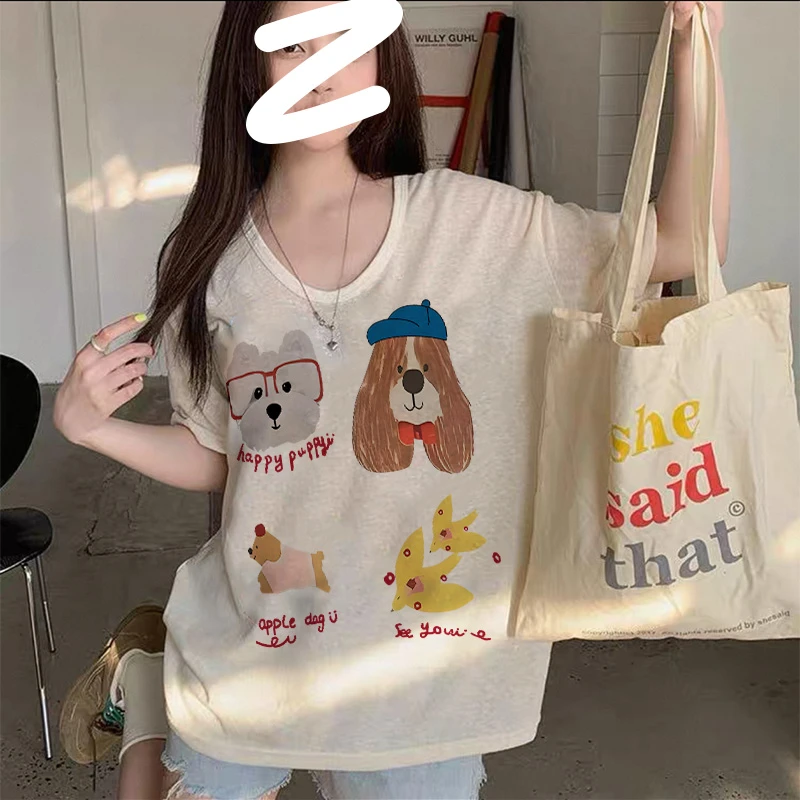 运补6-8】 夏季新款可爱狗狗卡通印花短袖慵懒风透气罩衫女上衣
