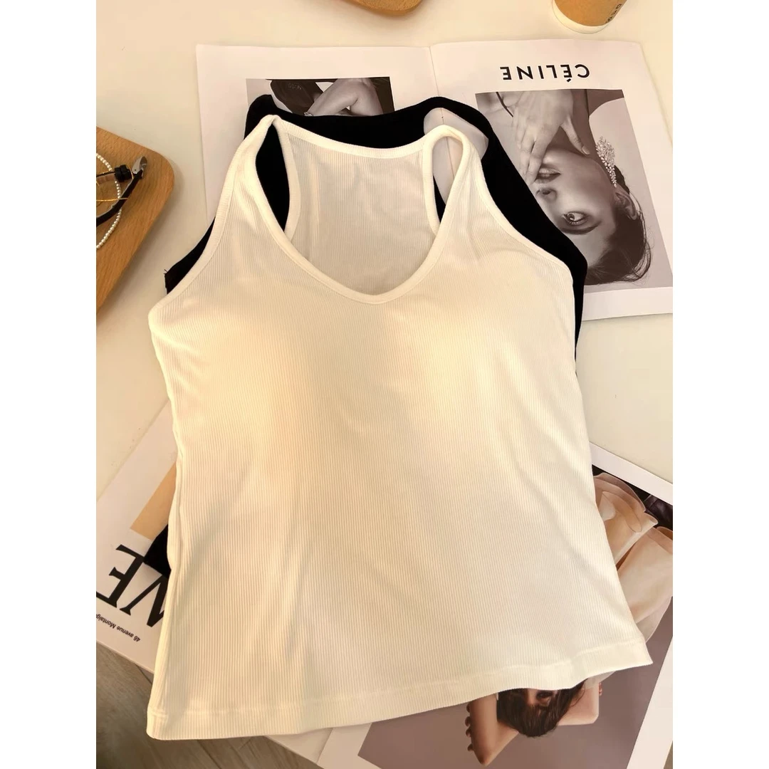 2025简约百搭打底吊带小背心女深V领带胸垫女士内搭外穿美背