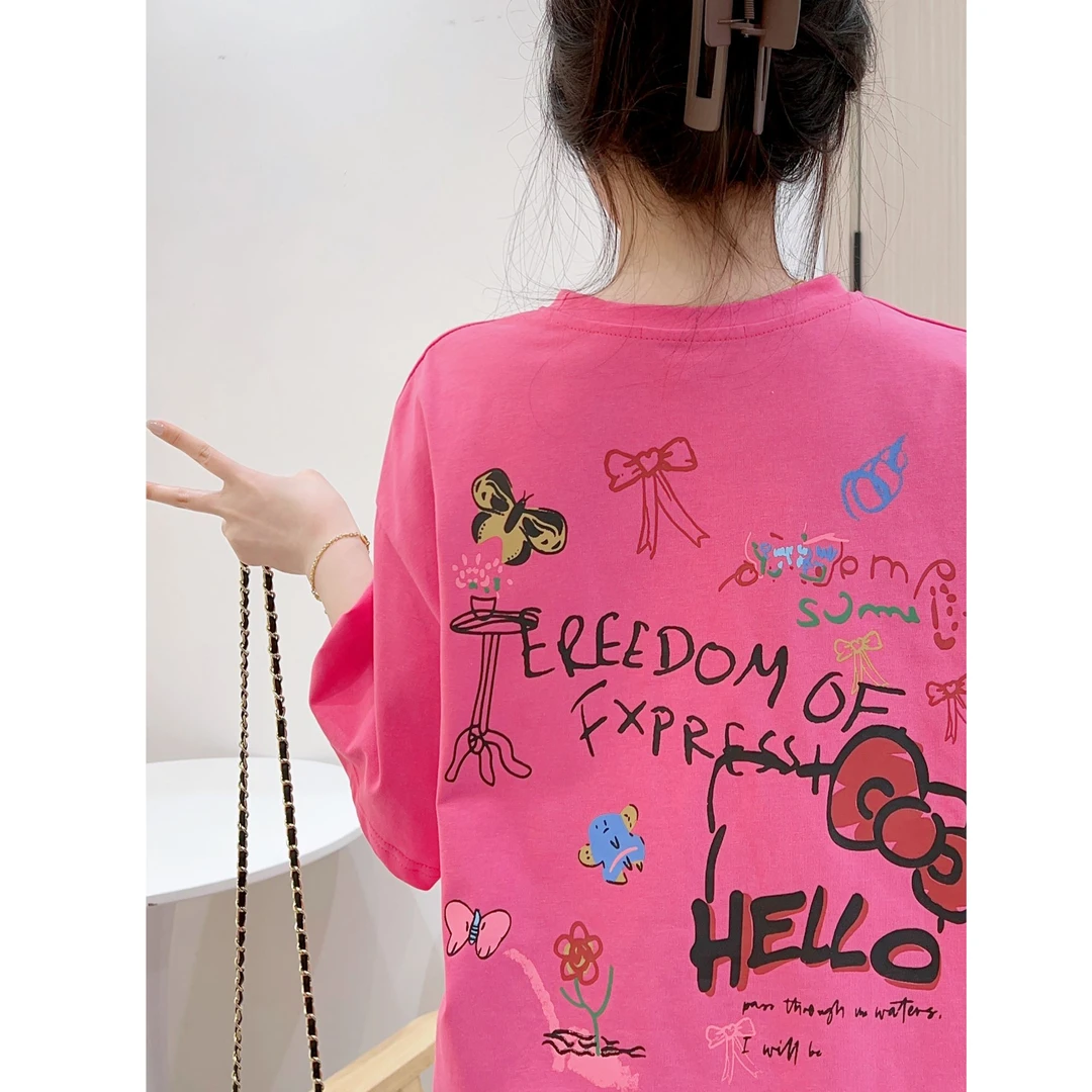 粉色多巴胺手绘卡通涂鸦短袖T恤女夏蝴蝶结印花休闲宽松慵懒上衣