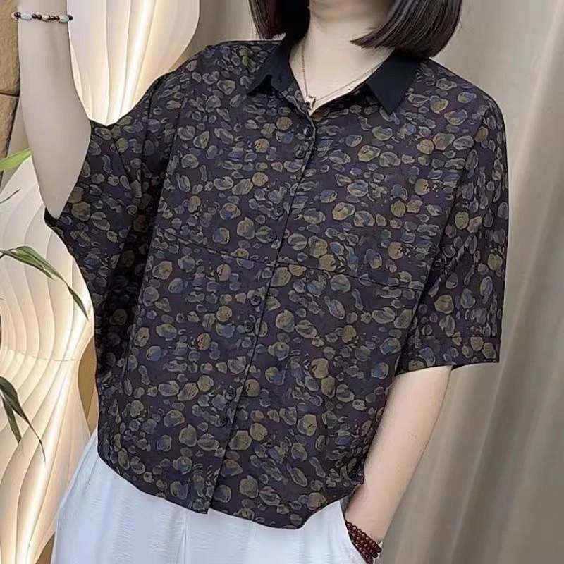 【正品发货】时尚碎花短袖衬衫恋夏风气质显瘦宽松印花蝙蝠衫百搭