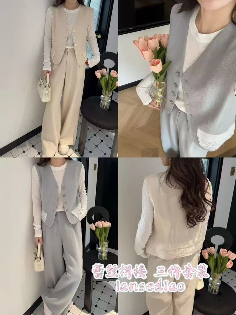 休闲风时尚套装国风复古马甲蕾丝3件套HJ-1568小香风拼接轻奢百搭
