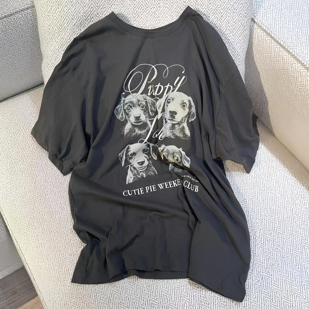 韩式复古短袖T恤小众狗狗印花女2025年夏季慵懒风打底衫上衣