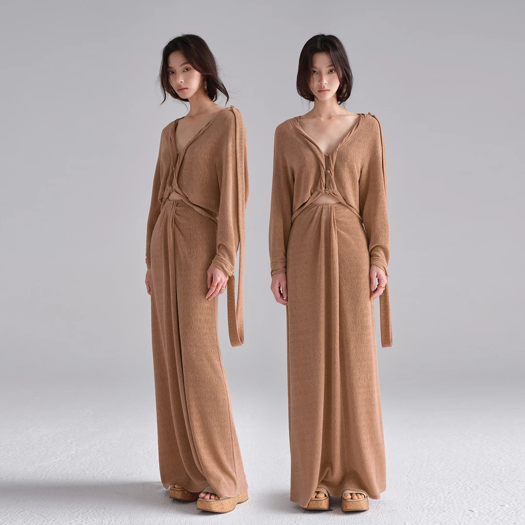 MikaXuUrban肌理醋酸/夏季温柔希腊风开衫垂坠感长裙慵懒针织套装