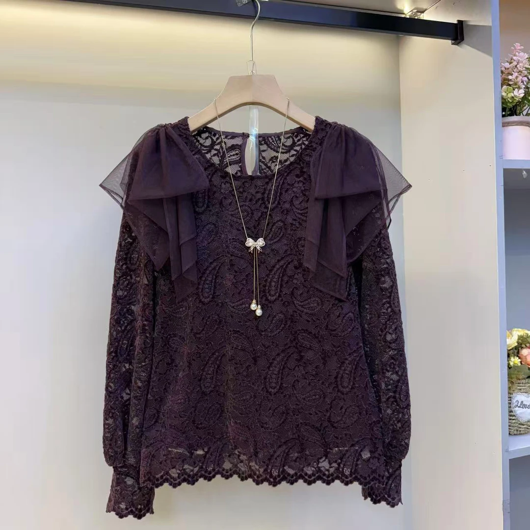2025欧货新款圆领肩拼纱洋气蕾丝女人衫