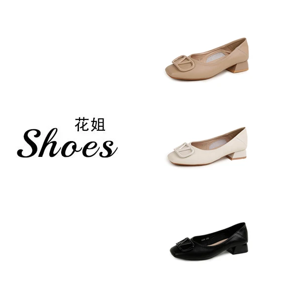 A318-21单鞋粗跟鞋软底法式森系中跟粗跟浅口女鞋皮鞋方头奶奶鞋