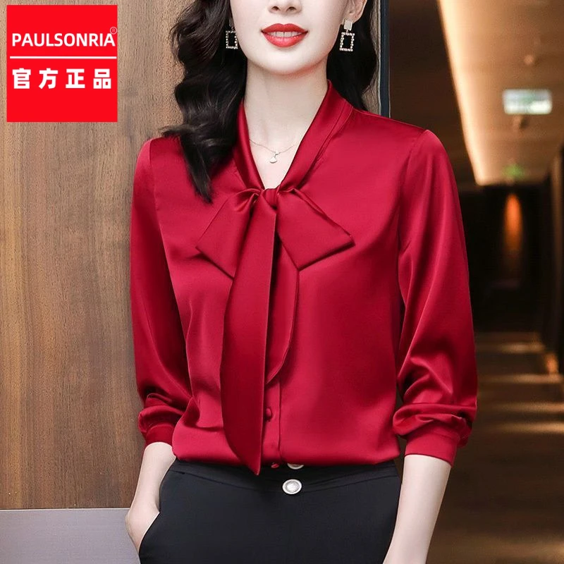 2025新款正品保罗服红色气质蝴蝶结飘带缎面衬衫女长袖春秋系带衬