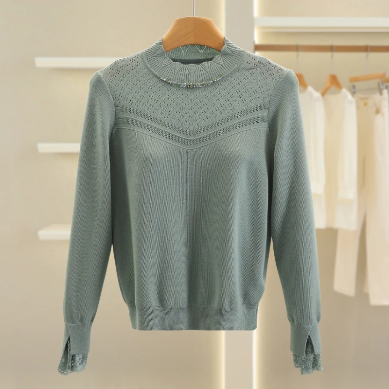 B1361-【25年珂家秋冬新款】蕾丝拼接纯色针织衫#1ZKL57M019