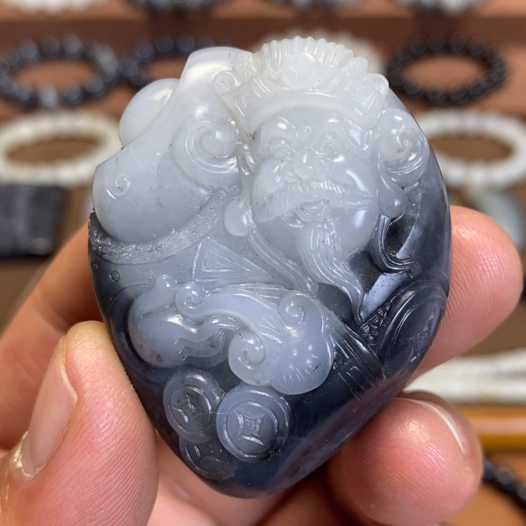 和田玉未镶嵌挂件新疆和田玉青花黑白财神挂件