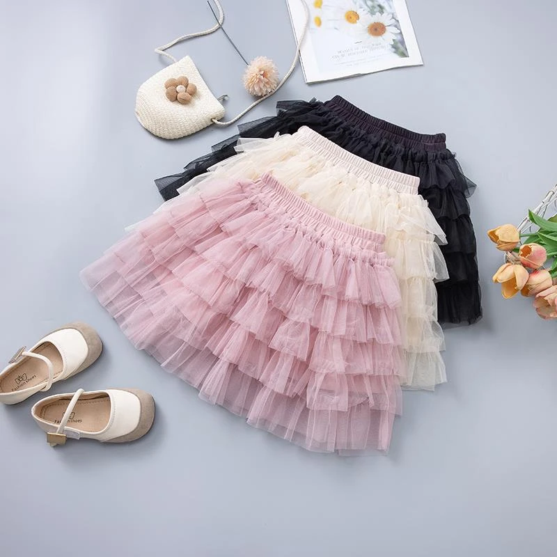 女童半身裙夏季新款洋气纯色儿童蛋糕裙蓬蓬网纱公主裙防走光短裙