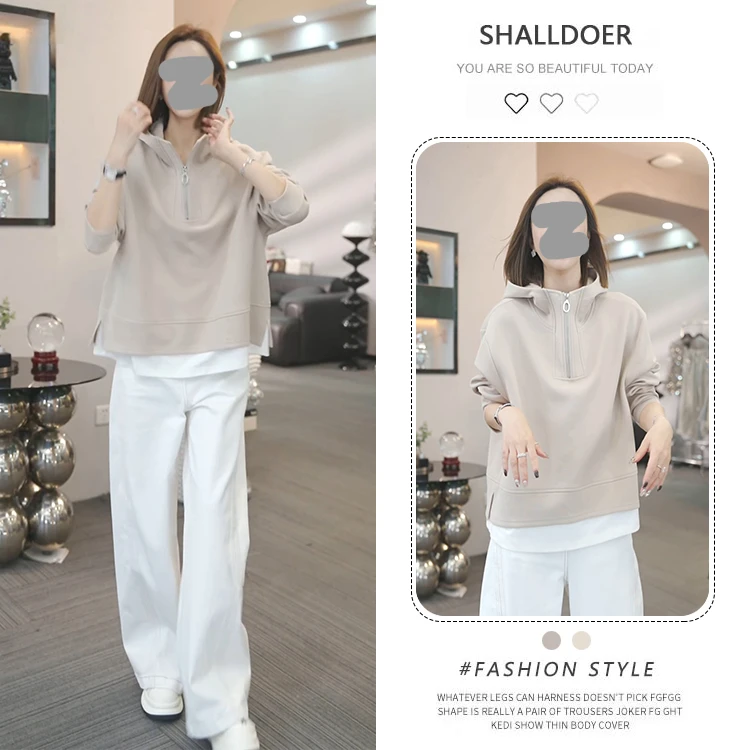 韩系松驰感假两件长袖卫衣女2025春秋新款时尚显示连帽打底衫上衣