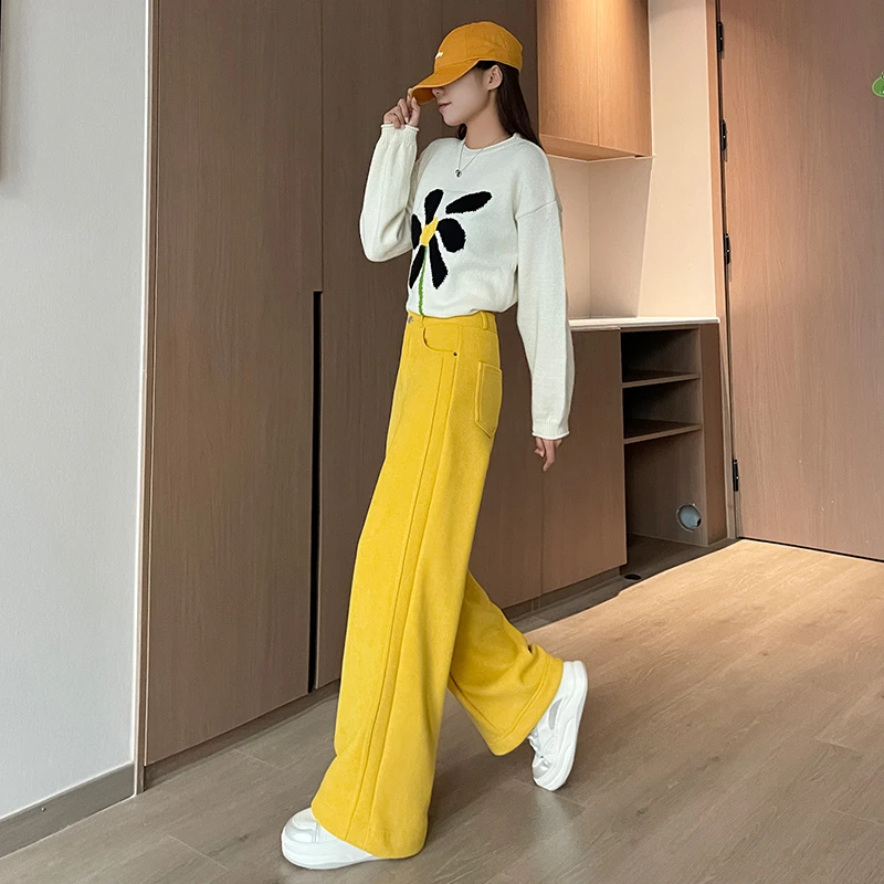 25春款新品显瘦高腰休闲时尚百搭宽松灯芯绒黄色拖地阔腿裤