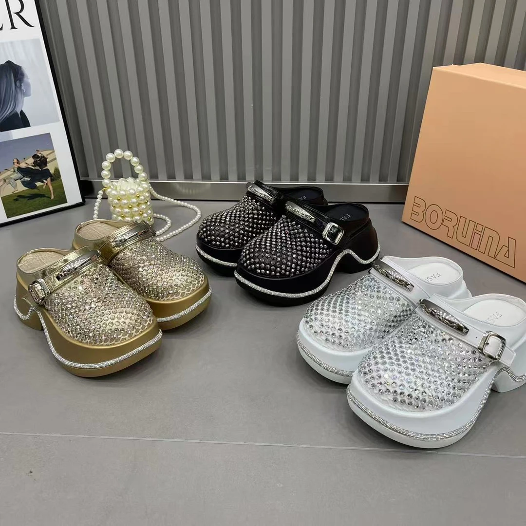 包头半拖鞋女外穿2025年夏季新款透气镂空网面松糕厚底水钻懒人鞋