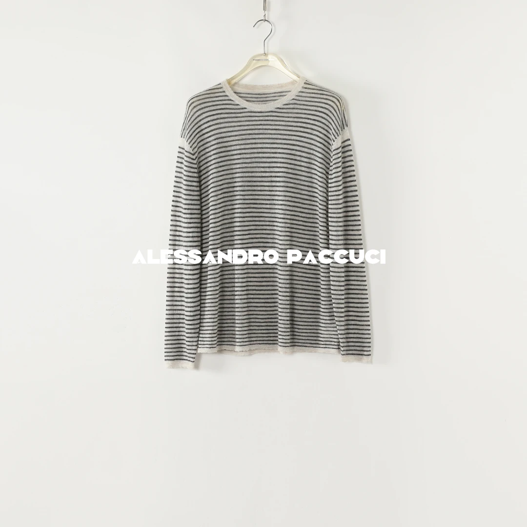 AP洛哥53128ST 羊驼毛+羊毛横向条纹圆领毛边设计时尚百搭套头衫